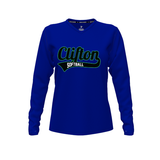 [CUS-DFW-TEES-CMF-VNK-LSL-RYL-FYXS-LOGO2] Decker Comfort T-Shirt (Female Youth XS, Royal, V Neck, Logo 2, Long Sleeve)