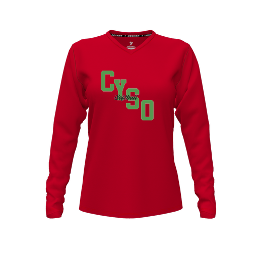 [FTLVCFRD-FYXS-LOGO1] Decker Comfort T-Shirt (Female Youth XS, Red, V Neck, Logo 1, Long Sleeve)