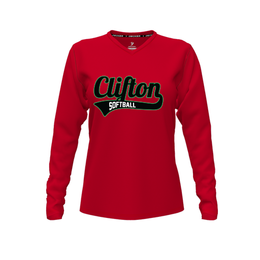 [FTLVPTRD-FYXS-LOGO2] Decker Performance T-Shirt (Female Youth XS, Red, V Neck, Logo 2, Long Sleeve)