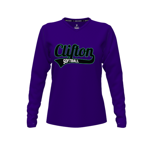 [FTLVPTPP-FYXS-LOGO2] Decker Performance T-Shirt (Female Youth XS, Purple, V Neck, Logo 2, Long Sleeve)